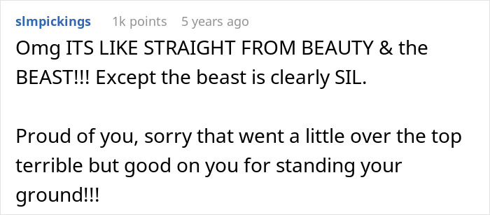 Reference to Beauty and the Beast and standing ground in wedding dress conflict