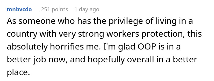 A comment on a woman's messy hair issue and job being on the line, highlighting worker protection.