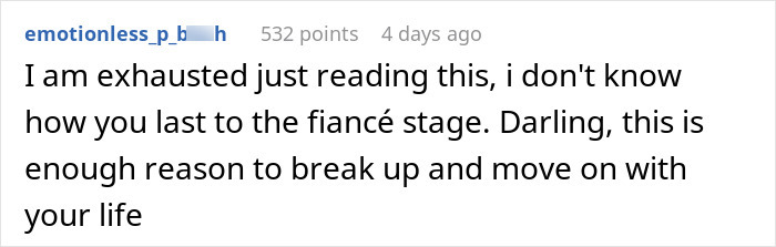 Screenshot of Reddit comment about a woman sick of talkative fiancé who calls it quits. Screenshot of Reddit comment about a woman sick of talkative fiancé who calls it quits.