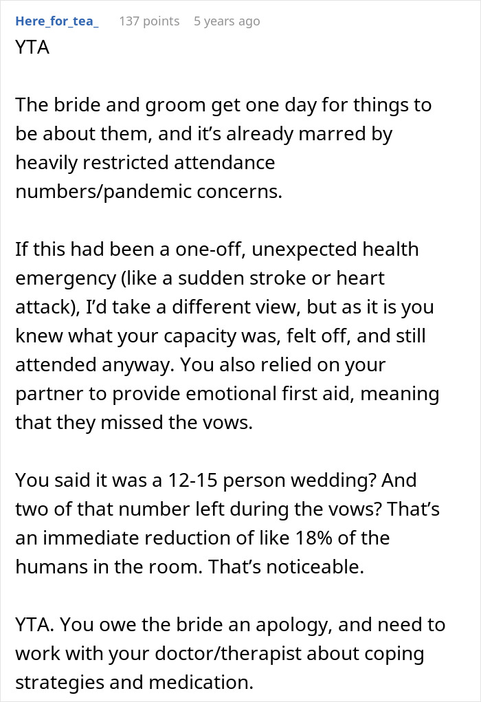 Comment criticizing man for causing disruption with panic attack at wedding vows Comment criticizing man for causing disruption with panic attack at wedding vows