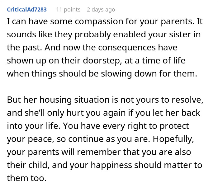 Comment showing compassion and setting boundaries with betrayed sister