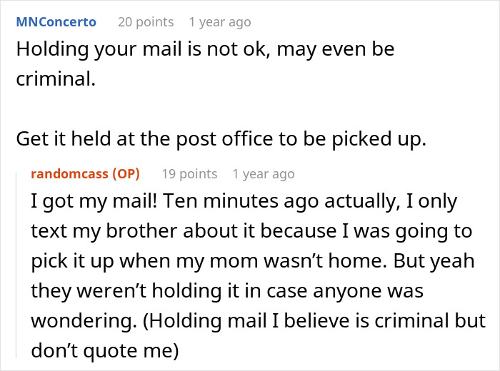 A screenshot showing a Reddit comment about a woman being told to leave home and her mail being held.