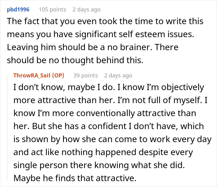 A woman expresses her suspicions about her husband in a Reddit comment, detailing how his self-esteem issues are worse than she thought. A woman expresses her suspicions about her husband in a Reddit comment, detailing how his self-esteem issues are worse than she thought.
