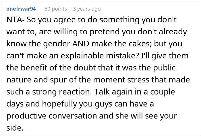 Comment defending someone against unfair gender reveal criticism Comment defending someone against unfair gender reveal criticism
