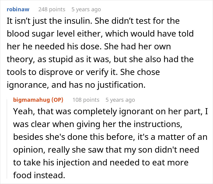 Reddit comments discussing the entitled MIL and her disregard for the grandson's insulin and blood sugar levels.