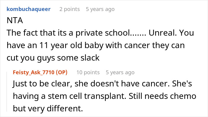 A screenshot showing comments about an 11YO undergoing chemotherapy and the risk of repeating grade, with her mom blasting school. A screenshot showing comments about an 11YO undergoing chemotherapy and the risk of repeating grade, with her mom blasting school.