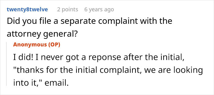A Reddit comment inquires about filing a complaint against a restaurant scam with the attorney general, mentioning no response.
