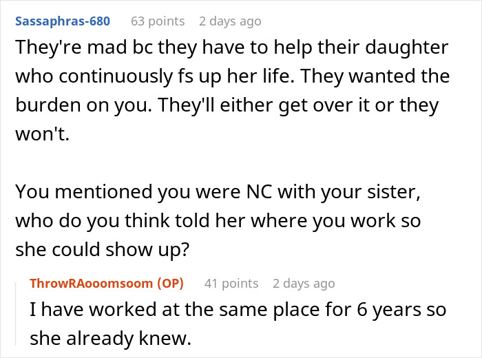 Online discussion about woman refusing homeless sister and family tensions over betrayal