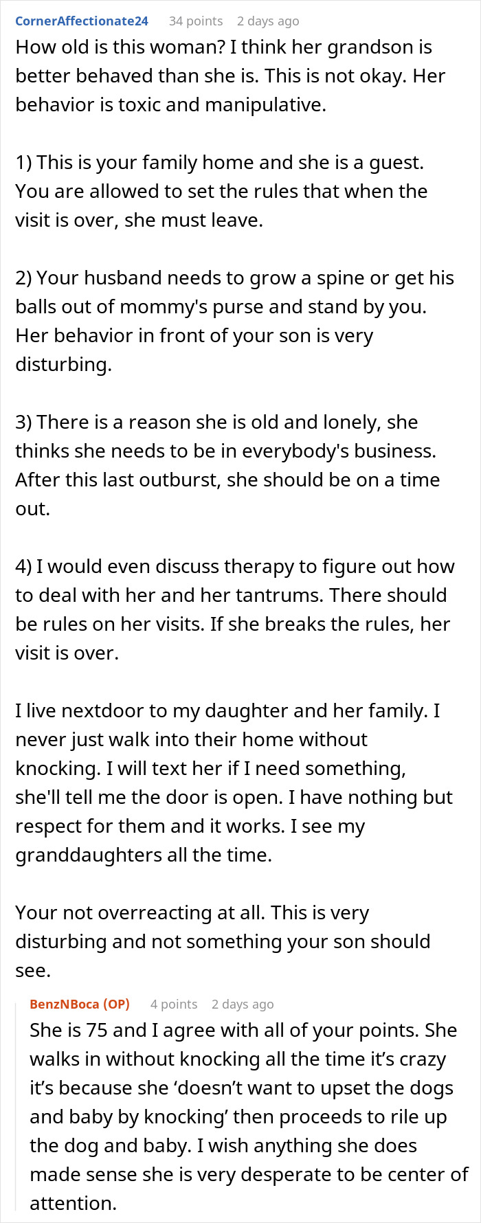 A comment section discussing a grandma who throws a fit before family vacation and clings to a toddler. A comment section discussing a grandma who throws a fit before family vacation and clings to a toddler.