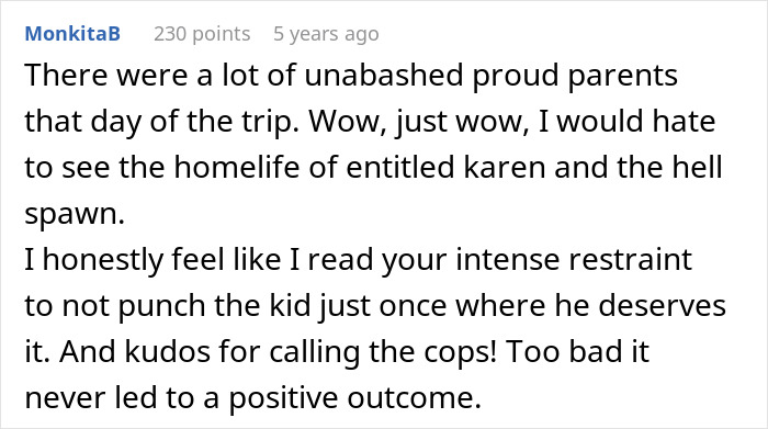A comment about parents refusing to take a bully on a beach trip, mentioning entitled Karen and calling the cops. A comment about parents refusing to take a bully on a beach trip, mentioning entitled Karen and calling the cops.