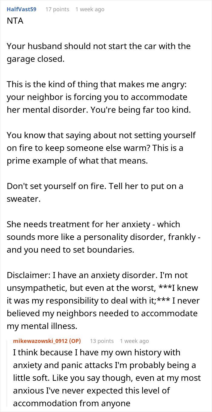 Another user advises setting boundaries with an anxious neighbor who complains about a guy's car and wants advance notice. Another user advises setting boundaries with an anxious neighbor who complains about a guy's car and wants advance notice.
