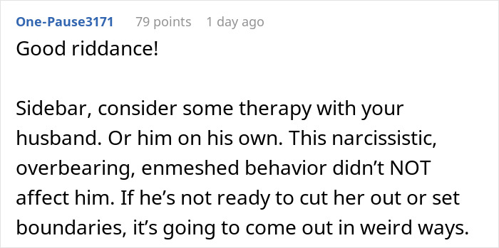 Comment advising therapy for husband due to narcissistic MIL behavior Comment advising therapy for husband due to narcissistic MIL behavior