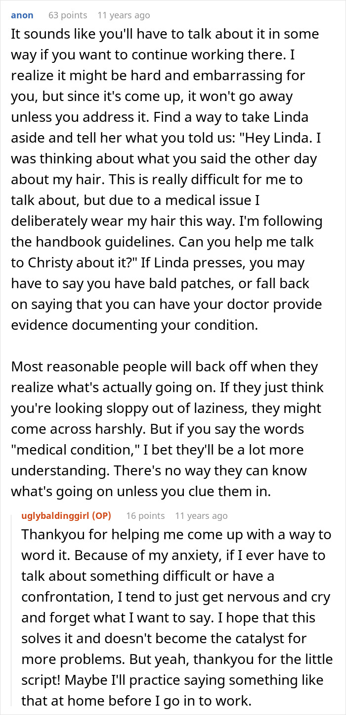 A woman plans to address her hair issue with her boss, mentioning a medical condition and anxiety about her job.