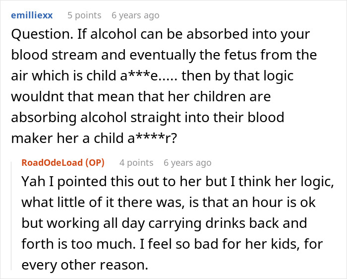 A Reddit comment from emillliexx questioning the logic of religious fanatics concerning a pregnant woman working in a pub.
