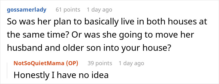 Discussion about a husband's mom's breakdown, with a user asking about her plans to live in both houses or move in.