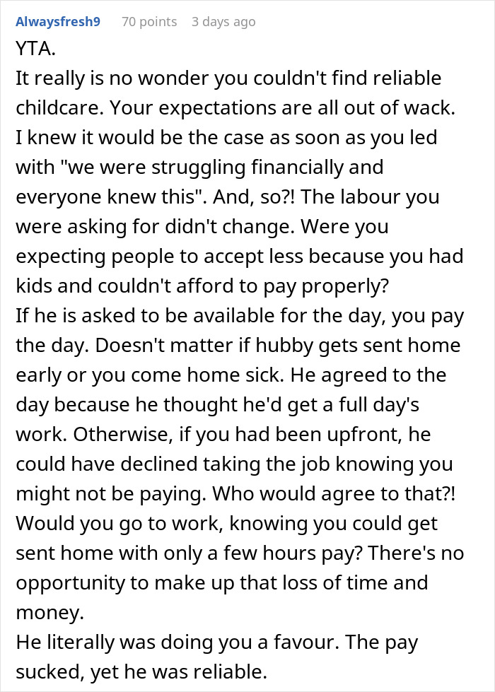 Critique of unrealistic expectations for babysitting pay and reliability issues Critique of unrealistic expectations for babysitting pay and reliability issues