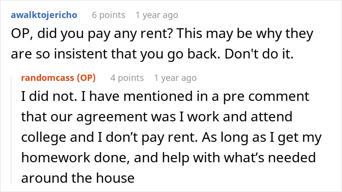 A woman leaving home after refusing to follow a rule, clarifying a no-rent agreement for college.