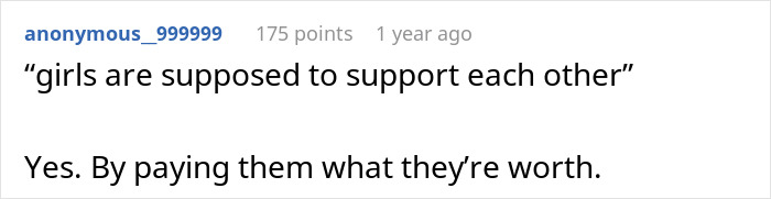Comment about girls supporting each other by paying fairly