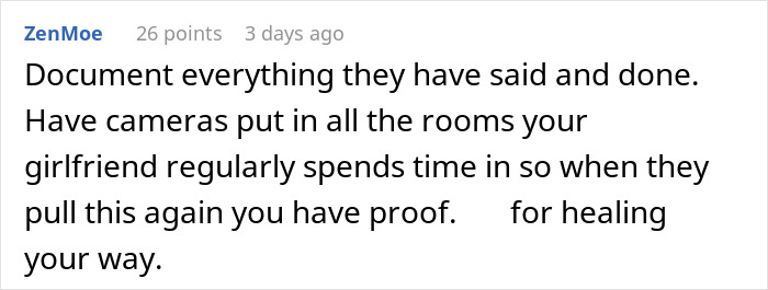 Suggestion to document homophobic parents' behavior for girlfriend's recovery