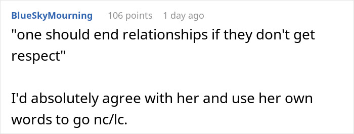 Comment agreeing with ending disrespectful relationships with MIL Comment agreeing with ending disrespectful relationships with MIL
