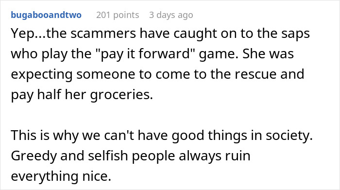 Walmart shoppers discuss customer trying to guilt them into paying for groceries. Walmart shoppers discuss customer trying to guilt them into paying for groceries.