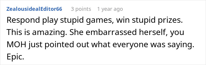 A comment supporting the bride's actions towards her MIL at the son's wedding after MIL showed up in white.