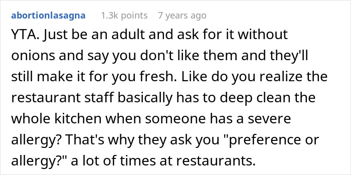 A social media comment explaining how lying about an allergy at a restaurant causes extensive cleaning and an emergency room visit.