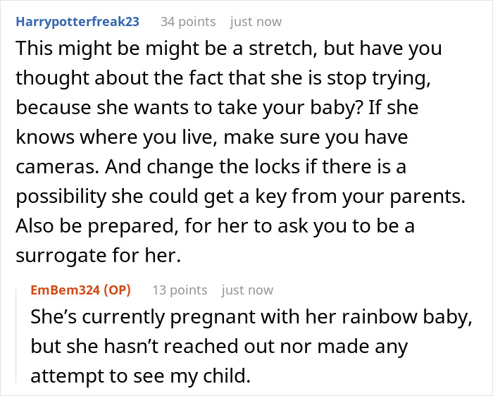 Reddit comment discussing concerns about half sister wanting to claim newborn baby Reddit comment discussing concerns about half sister wanting to claim newborn baby
