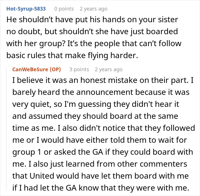 A screenshot of a Reddit comment section, discussing a physical altercation at the airport, specifically boarding rules. A screenshot of a Reddit comment section, discussing a physical altercation at the airport, specifically boarding rules.