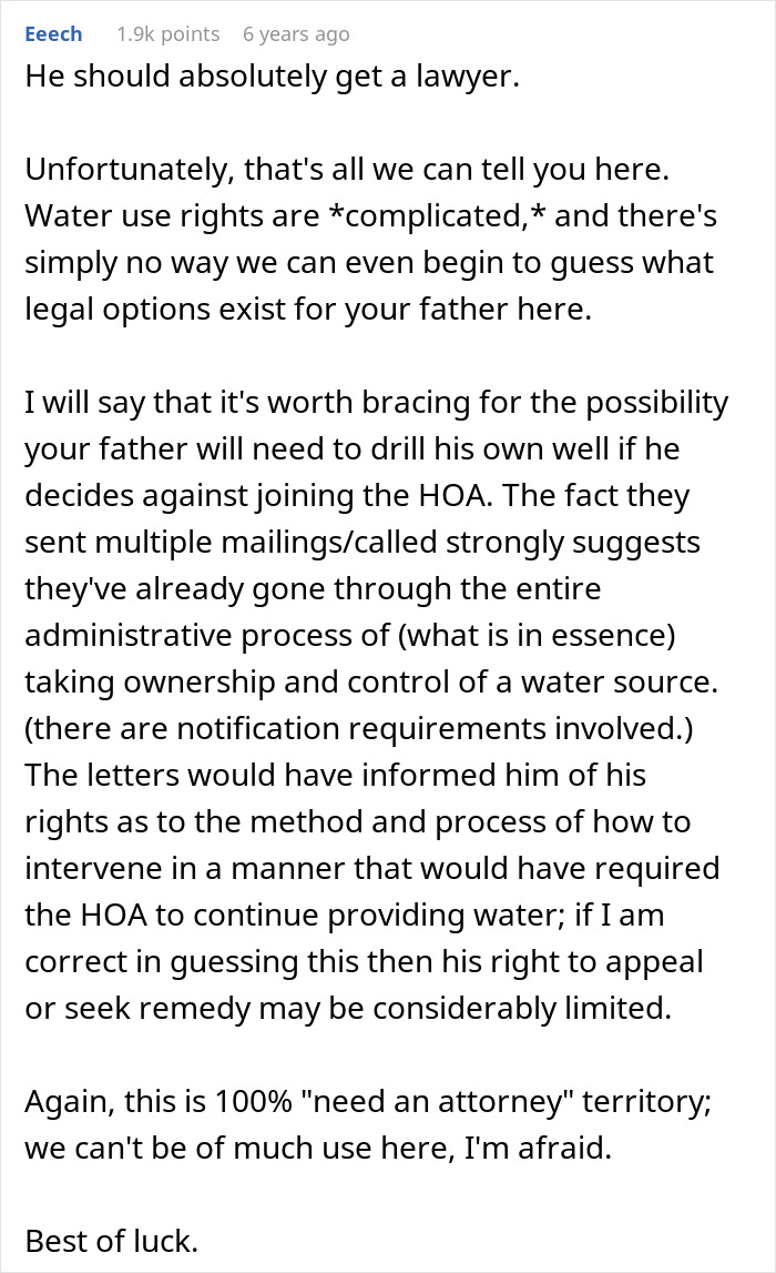 Advice recommending a lawyer for complex water use rights and HOA water control Advice recommending a lawyer for complex water use rights and HOA water control