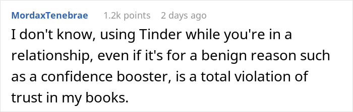 Comment expressing Tinder use in a relationship violates trust Comment expressing Tinder use in a relationship violates trust