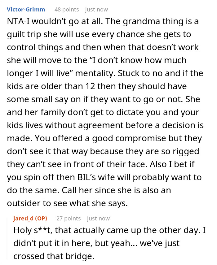 A Reddit comment advising the original poster to say no to the family trip with in-laws to avoid guilt trips.