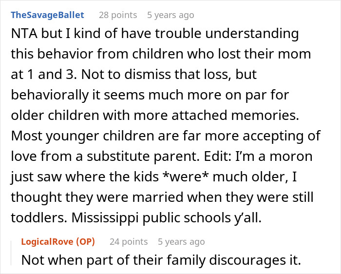 Discussion of stepkids' behavior after mother's d***h in Reddit comments