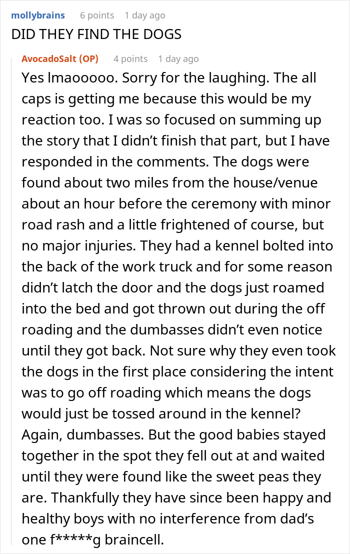 A woman finds out her sister is marrying into a racist family, shocked to see her defend them, and gives a detailed update on the dogs. A woman finds out her sister is marrying into a racist family, shocked to see her defend them, and gives a detailed update on the dogs.