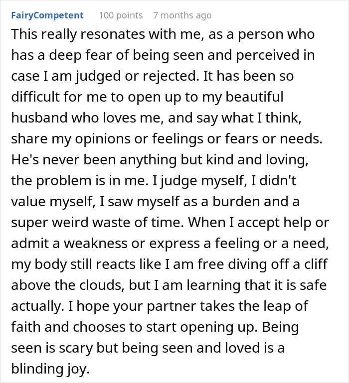 A Reddit comment discussing fear of judgment and opening up to a husband, touching on living a double life.