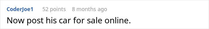 Screenshot of a Reddit comment suggesting to embarrass an ex for breaking up with a woman by posting his car for sale.