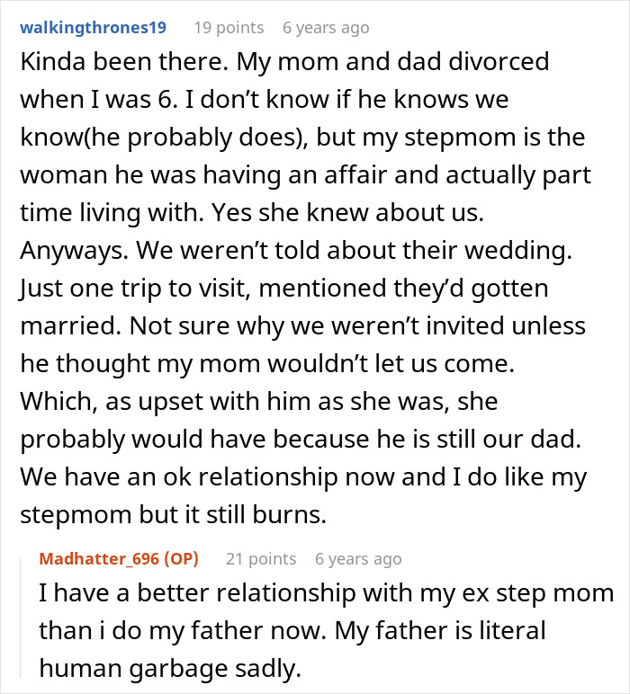 A Reddit comment about a bride's relationship with her father and ex-stepmom after a secret wedding.
