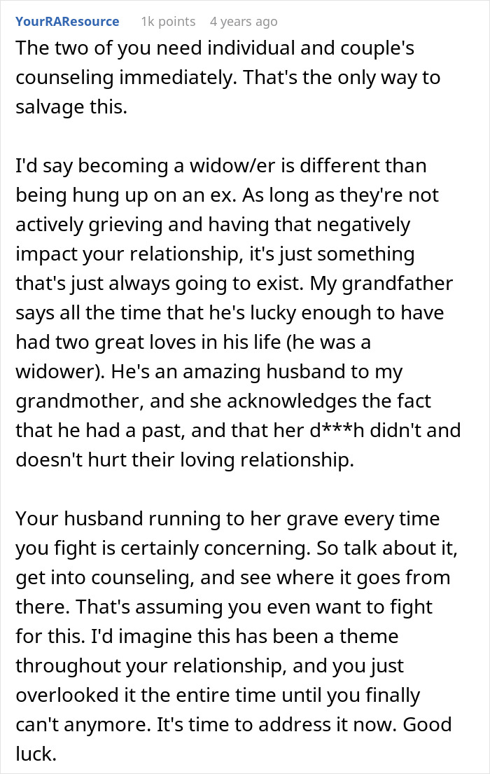 A screenshot of a Reddit comment suggesting individual and couple's counseling for a pregnant woman and husband. A screenshot of a Reddit comment suggesting individual and couple's counseling for a pregnant woman and husband.