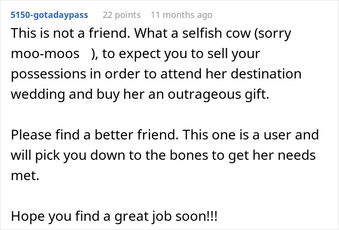 Comment describes bride as selfish for expecting guests to sell possessions for wedding