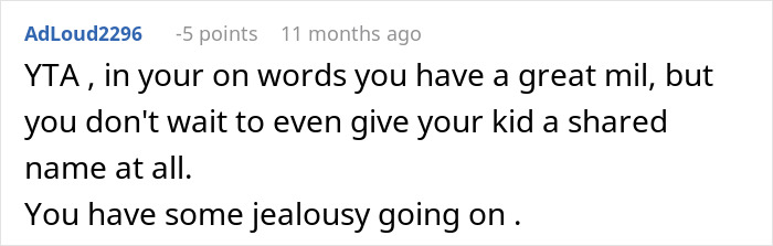 A Reddit comment suggesting a wife has jealousy because she does not want to honor her husband's mom.