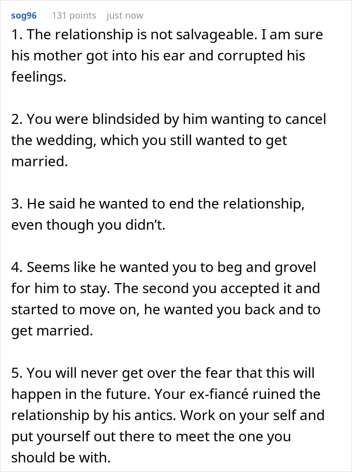 Momma's Boy Calls Off Wedding, Leaves Fiancée Emotionally Exhausted By Trying To Work Things Out Momma's Boy Calls Off Wedding, Leaves Fiancée Emotionally Exhausted By Trying To Work Things Out