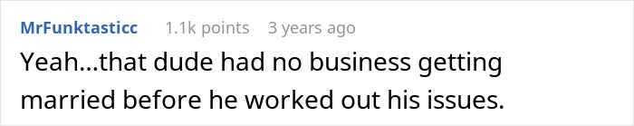 A comment stating the husband shouldn't have married before resolving his issues, leading to the pregnant woman seeking divorce. A comment stating the husband shouldn't have married before resolving his issues, leading to the pregnant woman seeking divorce.