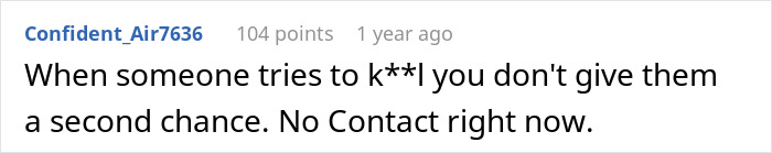 A comment stating not to give a second chance to someone who tries to k**l you, related to Mom tricks daughter into eating food.