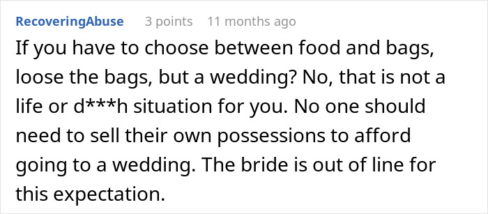 Comment on choosing food over bags and wedding affordability issues