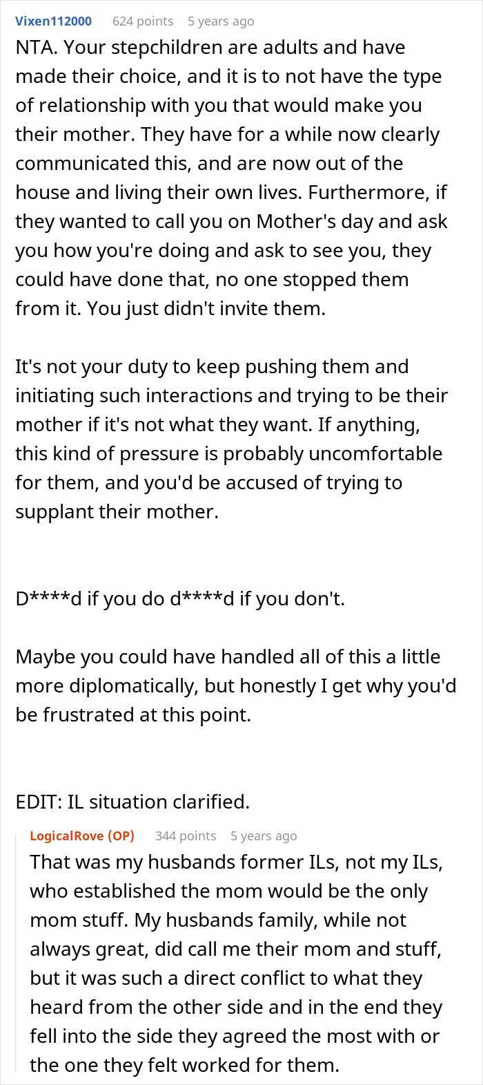 Stepchildren's choice to exclude stepmother from Mother's Day discussion