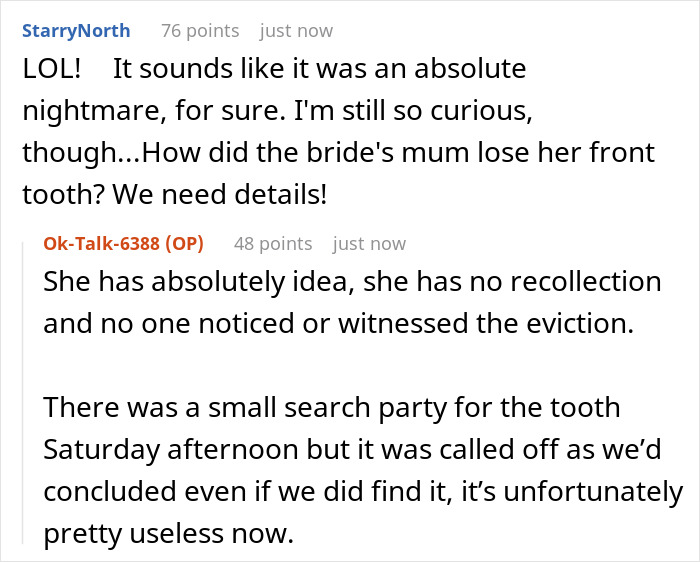 A comment asking about the missing tooth incident during the bachelorette, highlighting the family drama. A comment asking about the missing tooth incident during the bachelorette, highlighting the family drama.