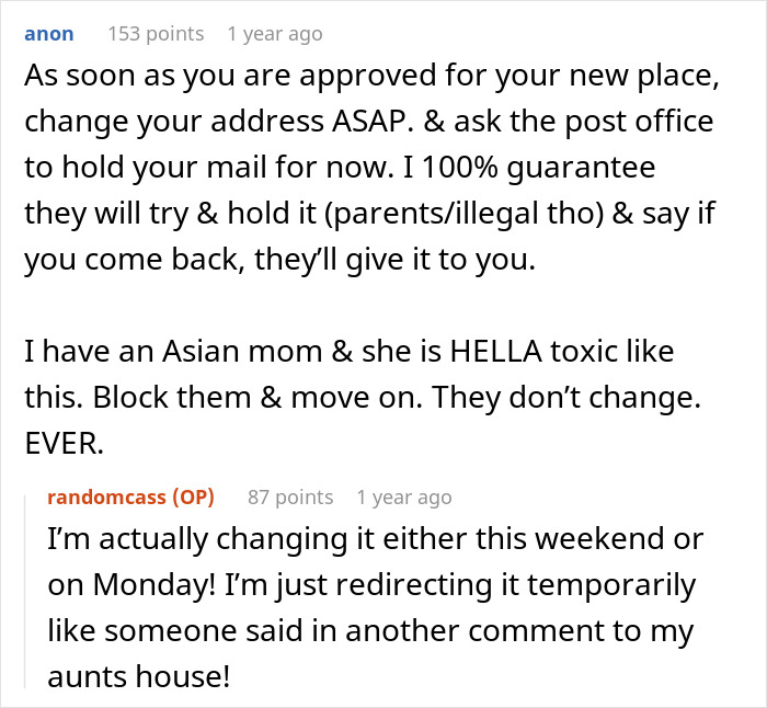 A woman is told to leave home after refusing to follow one rule, as seen in a Reddit comment about an Asian mom.