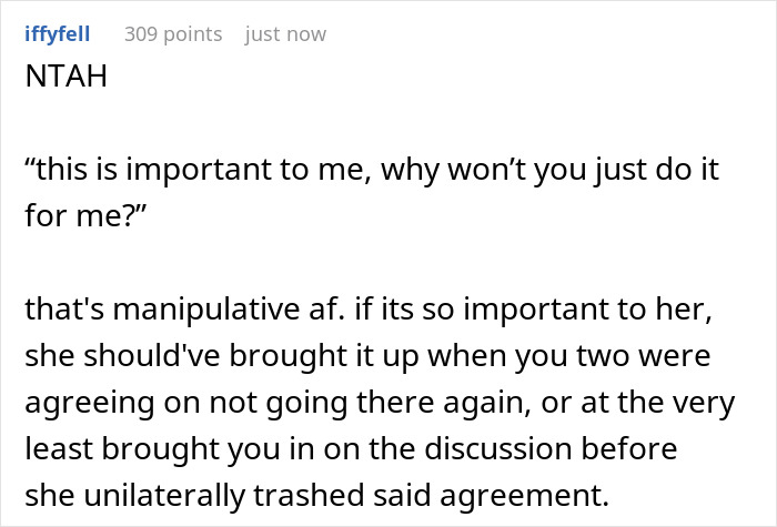 A screenshot of a comment discussing a manipulative family trip dynamic with in-laws.