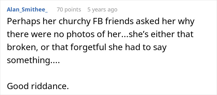 A social media comment from Alan_Smithee_ on a post about a bride's mom choosing church over wedding.