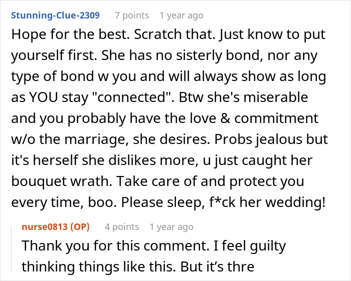 Reddit comment urging self-care and protection from toxic sister during wedding Reddit comment urging self-care and protection from toxic sister during wedding